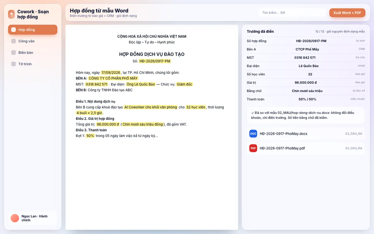 AI Coworker Claude — Hợp đồng từ mẫu Word